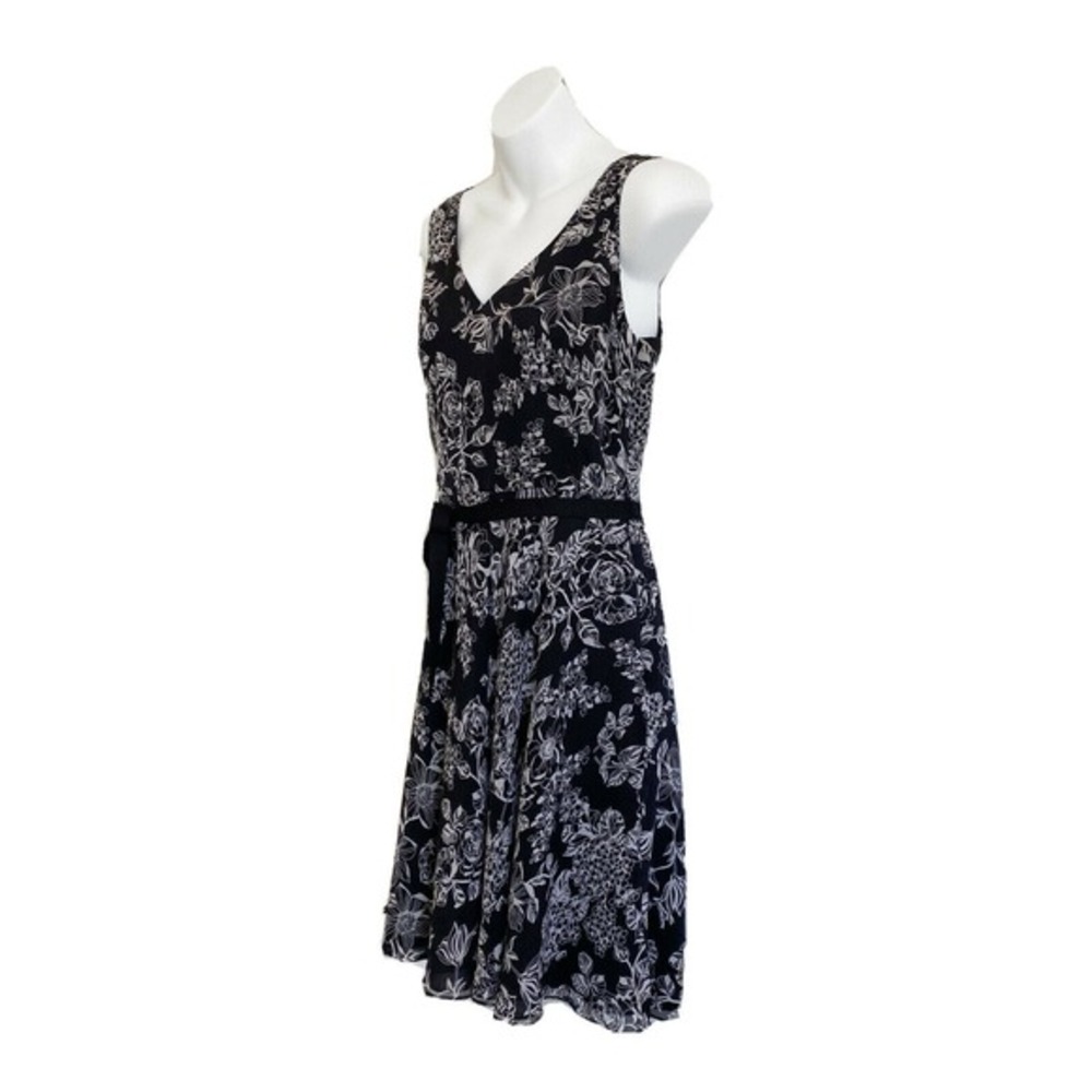 Ann Taylor LOFT Dress Sz 8P Floral Silk Dress Black/White Sleeveless Ribbon Belt